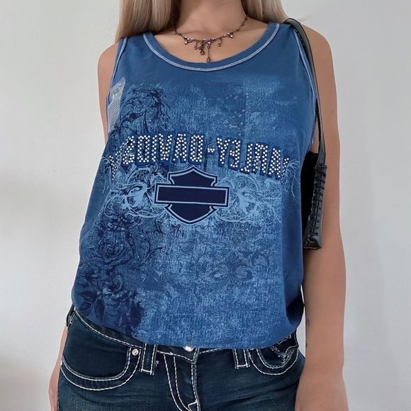 Harley Davidson Oversized blue rhinestones tank top - Picture 2 of 6